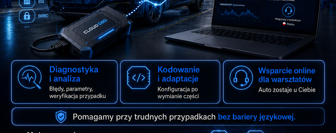 #ZdalnaDiagnostyka #CloudOBD #WarsztatSamochodowy #DiagnostykaSamochodowa #KodowanieSterowników #ProgramowanieSterowników #Adaptacja #ElektronikaSamochodowa #ODIS #SFD #SFD2 #SGW #Mechanik #WsparcieDlaWarsztatów