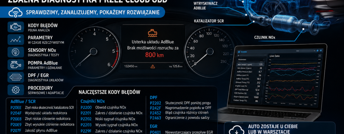 Zdalna diagnostyka AdBlue SCR NOx i błędów P20EE P204F P20E8 P2201 przez Cloud OBD
